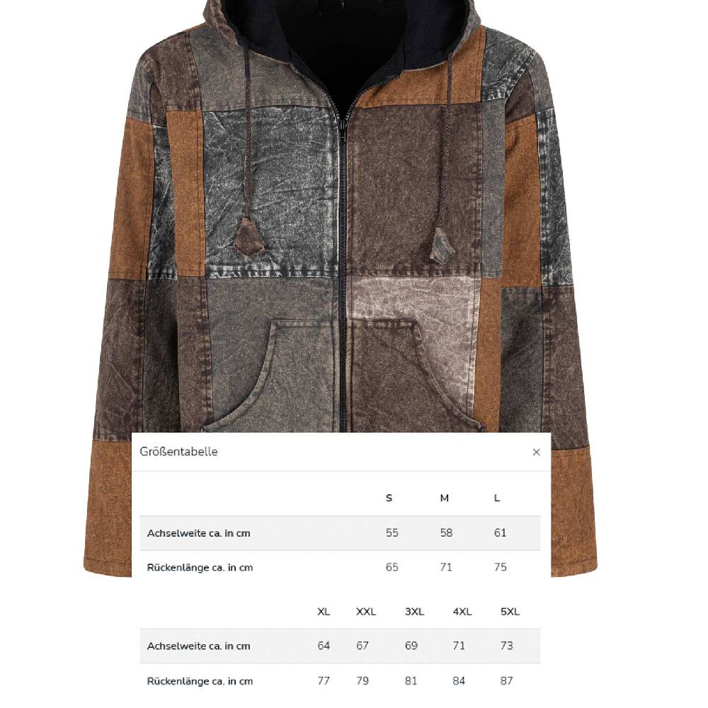 Kunst Und Magie Patchwork Jacke Baja Hoodie Herren alternativ Kapuzenjacke Goa Fleecefutter Nachhaltig Fair Große Rabatte