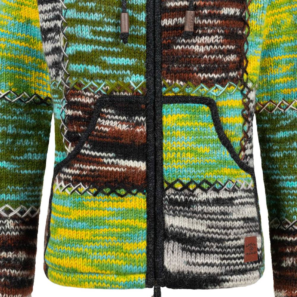 Kunst Und Magie Damen Strickjacke Goa Wolle Bunte Patchwork Winter Jacke Fleecefutter Hochkragen Zipfelkapuze Wochenangebot