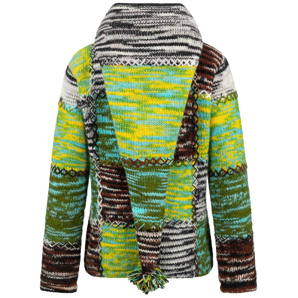 Kunst Und Magie Damen Strickjacke Goa Wolle Bunte Patchwork Winter Jacke Fleecefutter Hochkragen Zipfelkapuze Wochenangebot