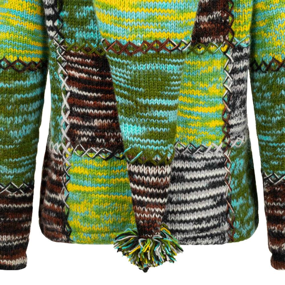 Kunst Und Magie Damen Strickjacke Goa Wolle Bunte Patchwork Winter Jacke Fleecefutter Hochkragen Zipfelkapuze Wochenangebot