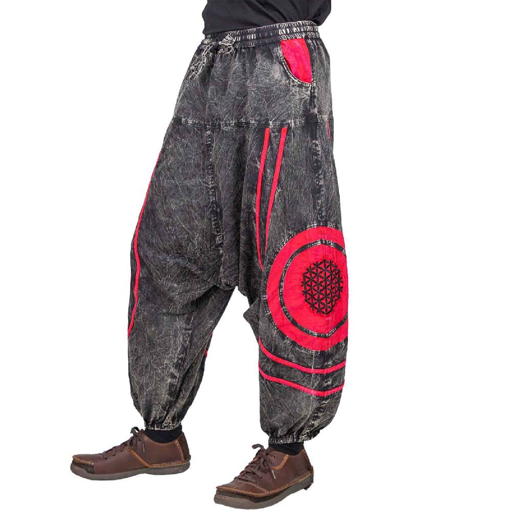 Kunst Und Magie Unisex Psy Baggy Pants Hippie Hose Goa Baumwoll Haremshose Stonewashed Blume des Lebens Im Verkauf