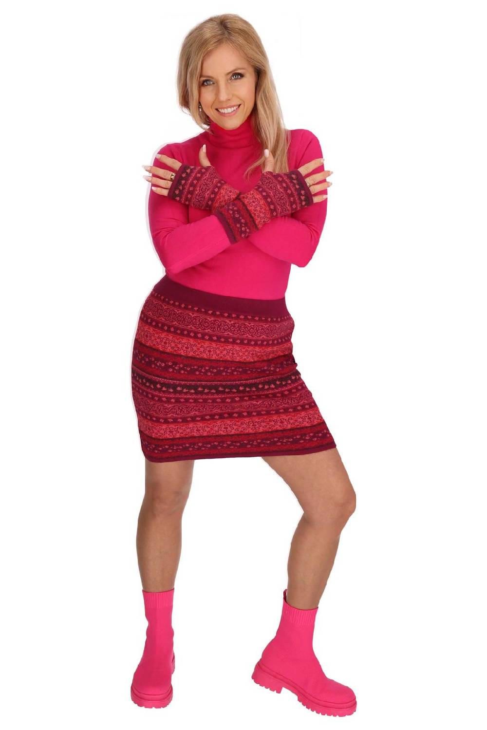 Kunst Und Magie Strickrock Knielanger Rock aus Feinstrick Jaquard Baumwolle Boho Auslauf