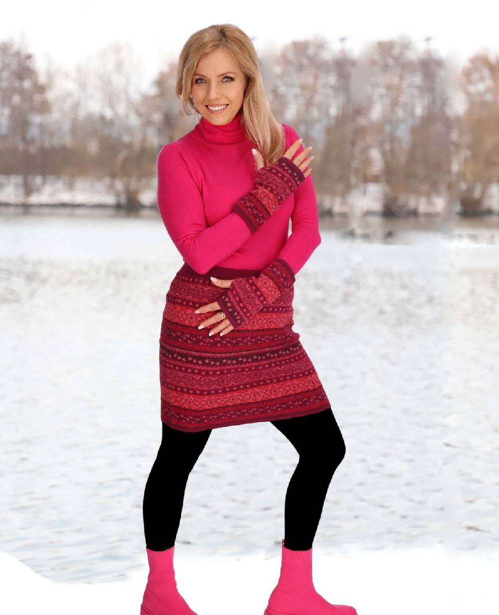 Kunst Und Magie Strickrock Knielanger Rock aus Feinstrick Jaquard Baumwolle Boho Auslauf