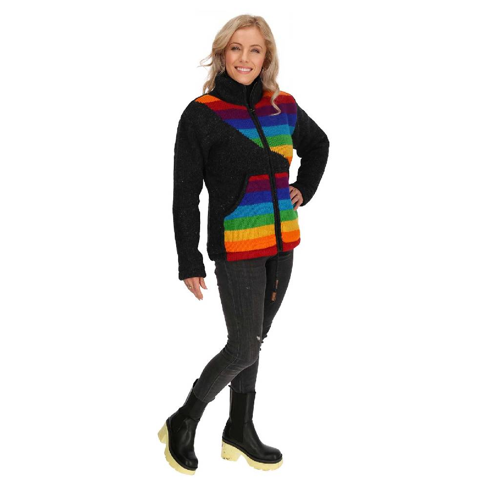 Kunst Und Magie Damen Strickjacke gefütterte Wolljacke Strickpullover Goa Wolle Bunte Jacke Regenbogen Begrenztes Angebot