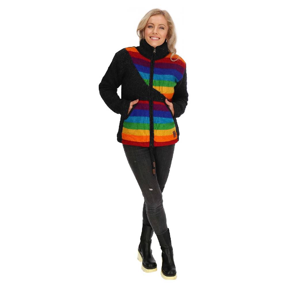 Kunst Und Magie Damen Strickjacke gefütterte Wolljacke Strickpullover Goa Wolle Bunte Jacke Regenbogen Begrenztes Angebot