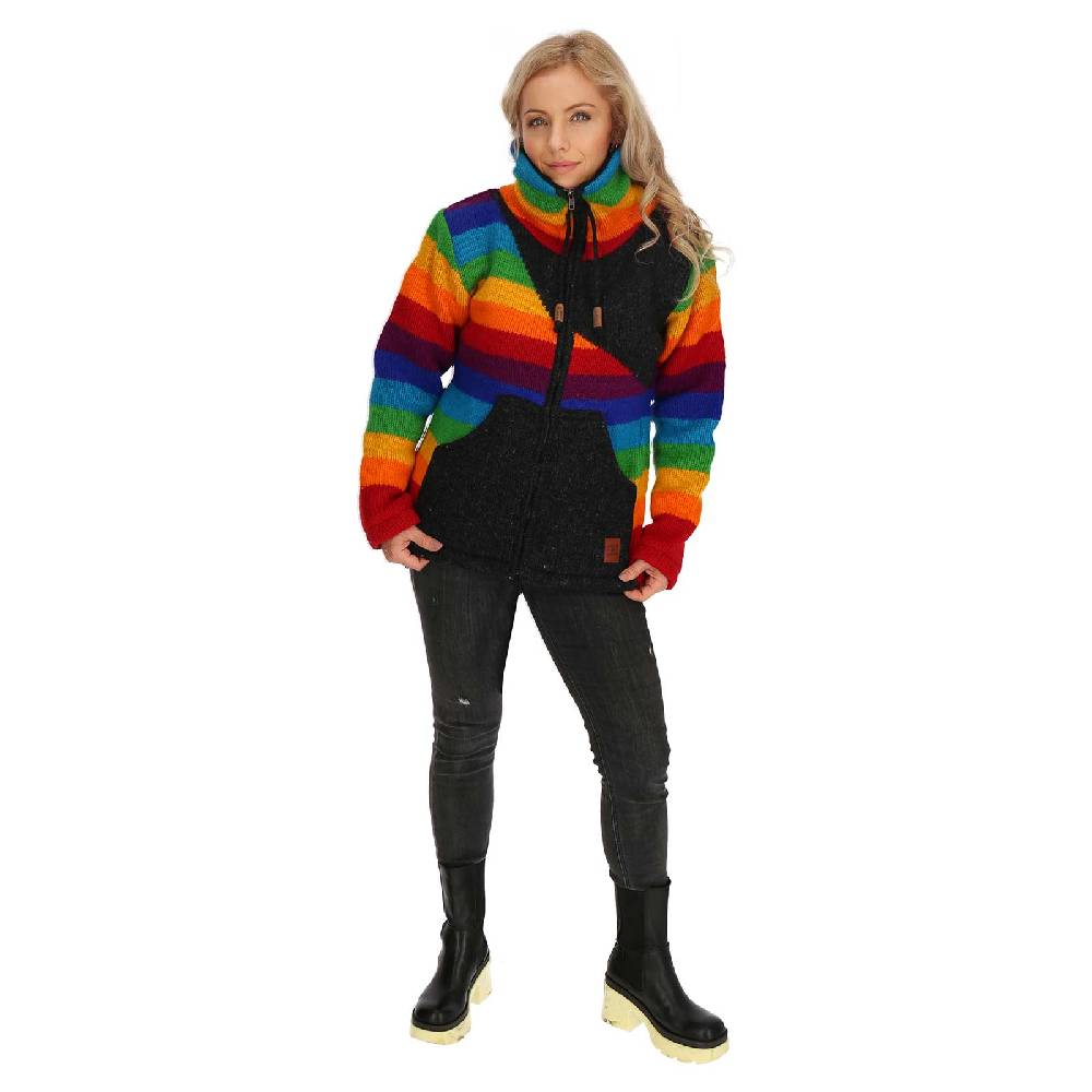 Kunst Und Magie Strickjacke Goa Wolle Bunte Regenbogen Jacke Fleecefutter Hochkragen Unisex Fair Online Shopping