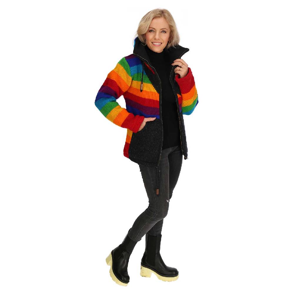 Kunst Und Magie Strickjacke Goa Wolle Bunte Regenbogen Jacke Fleecefutter Hochkragen Unisex Fair Online Shopping