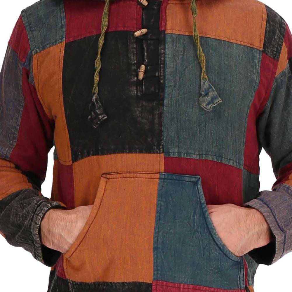 Kunst Und Magie KUNST UND MAGIE Herren bunt alternativ Baja Hoodie Fischerhemd Kapuze Patchwork gefüttert Osterangebot