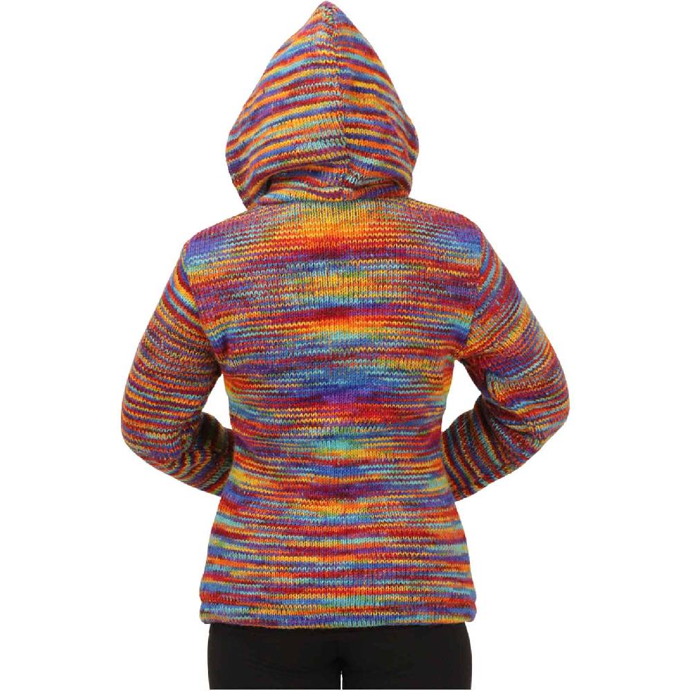 Kunst Und Magie Damen Strickjacke Goa Wolle Bunte Regenbogen Jacke Fleecefutter Hochkragen abnehmbarer Kapuze Neuheiten