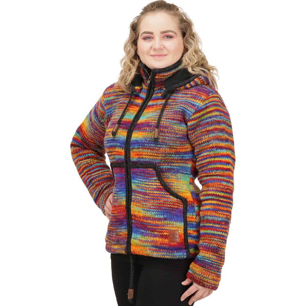 Kunst Und Magie Damen Strickjacke Goa Wolle Bunte Regenbogen Jacke Fleecefutter Hochkragen abnehmbarer Kapuze Neuheiten