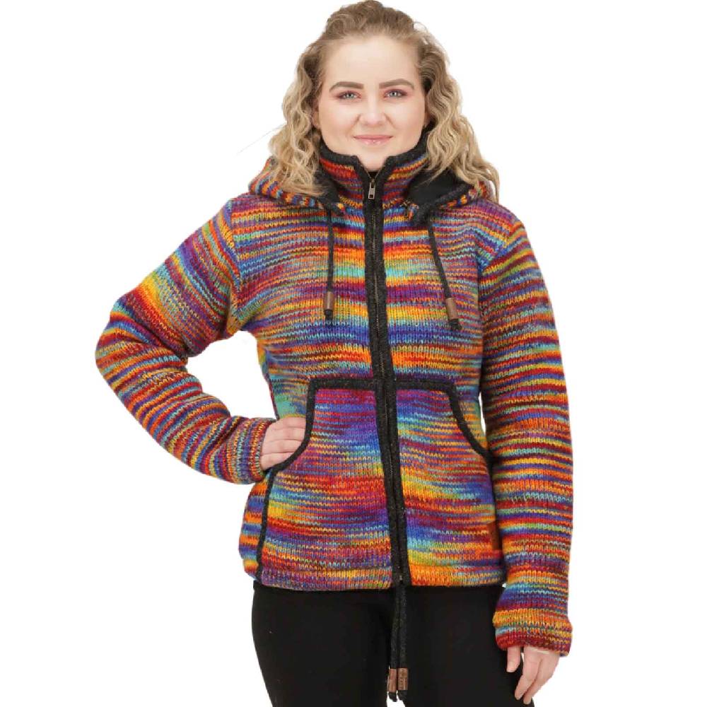 Kunst Und Magie Damen Strickjacke Goa Wolle Bunte Regenbogen Jacke Fleecefutter Hochkragen abnehmbarer Kapuze Neuheiten