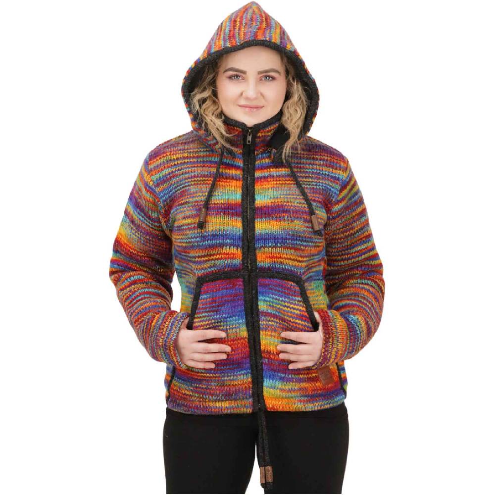 Kunst Und Magie Damen Strickjacke Goa Wolle Bunte Regenbogen Jacke Fleecefutter Hochkragen abnehmbarer Kapuze Neuheiten