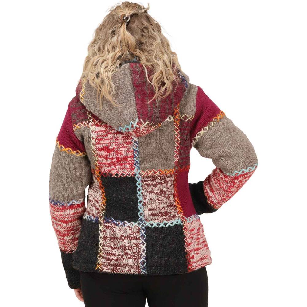 Kunst Und Magie Damen Strickjacke Goa Wolle Bunte Patchwork Jacke Fleecefutter Hochkragen abnehmbarer Kapuze Bestseller