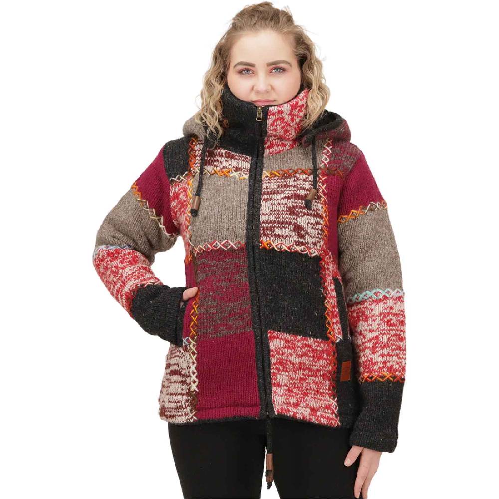 Kunst Und Magie Damen Strickjacke Goa Wolle Bunte Patchwork Jacke Fleecefutter Hochkragen abnehmbarer Kapuze Bestseller