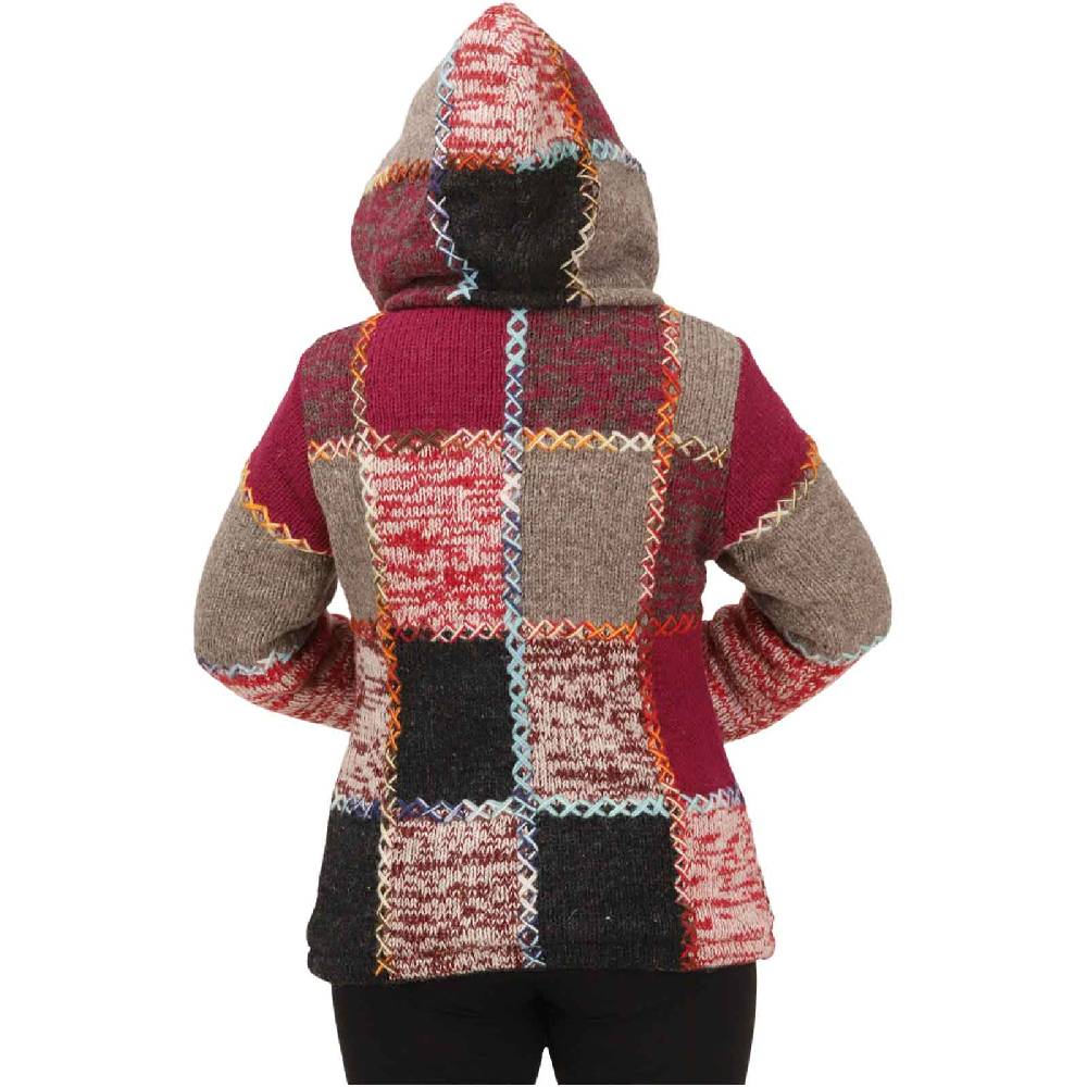 Kunst Und Magie Damen Strickjacke Goa Wolle Bunte Patchwork Jacke Fleecefutter Hochkragen abnehmbarer Kapuze Bestseller