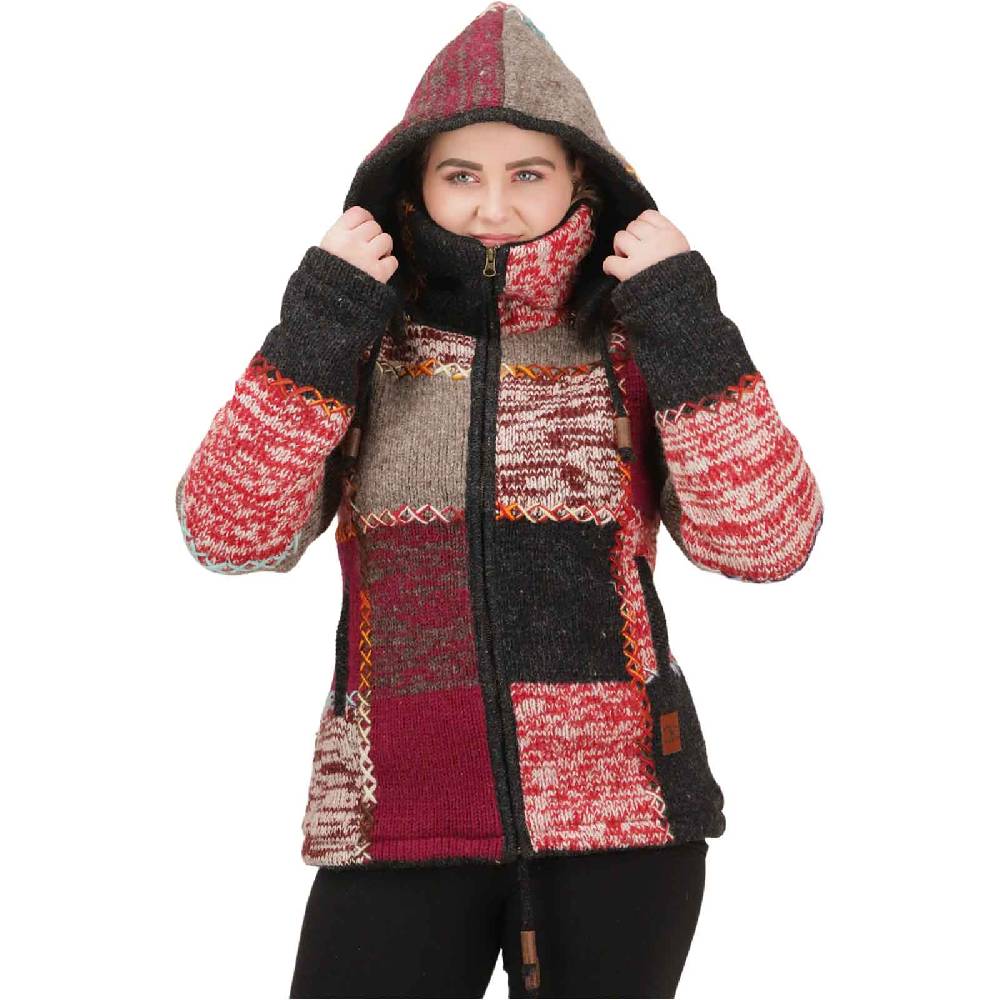 Kunst Und Magie Damen Strickjacke Goa Wolle Bunte Patchwork Jacke Fleecefutter Hochkragen abnehmbarer Kapuze Bestseller