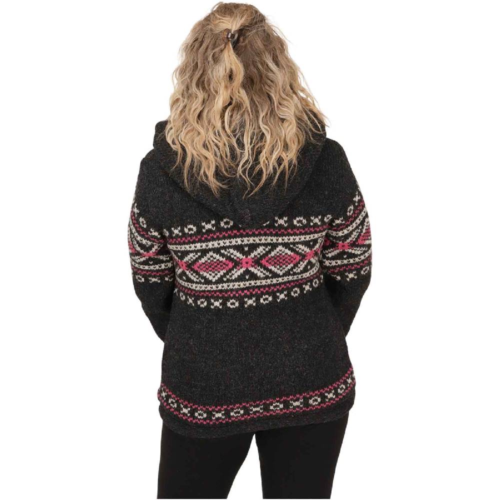 Kunst Und Magie Damen Klassische gefütterte Wolljacke Strickjacke Goa Wolle Jacke Norweger Muster abnehmbarer Kapuze Saisonale Angebote