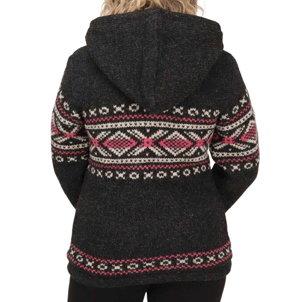 Kunst Und Magie Damen Klassische gefütterte Wolljacke Strickjacke Goa Wolle Jacke Norweger Muster abnehmbarer Kapuze Saisonale Angebote