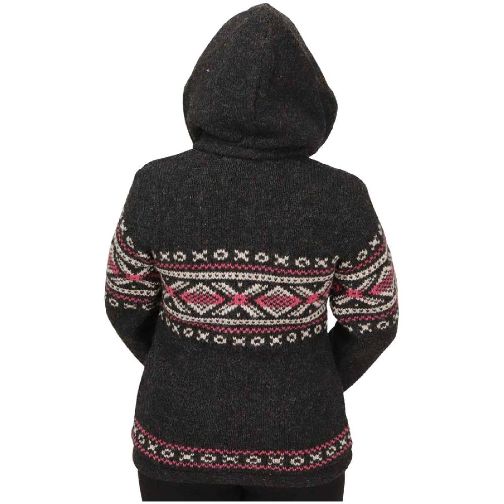 Kunst Und Magie Damen Klassische gefütterte Wolljacke Strickjacke Goa Wolle Jacke Norweger Muster abnehmbarer Kapuze Saisonale Angebote