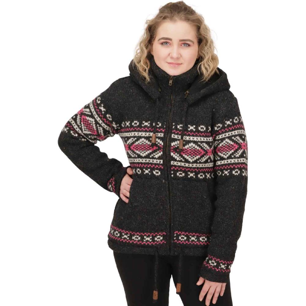 Kunst Und Magie Damen Klassische gefütterte Wolljacke Strickjacke Goa Wolle Jacke Norweger Muster abnehmbarer Kapuze Saisonale Angebote