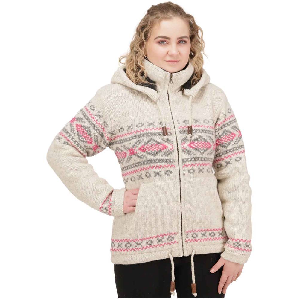 Kunst Und Magie Damen Klassische gefütterte Wolljacke Strickjacke Goa Wolle Jacke Norweger Muster abnehmbarer Kapuze Räumungsverkauf