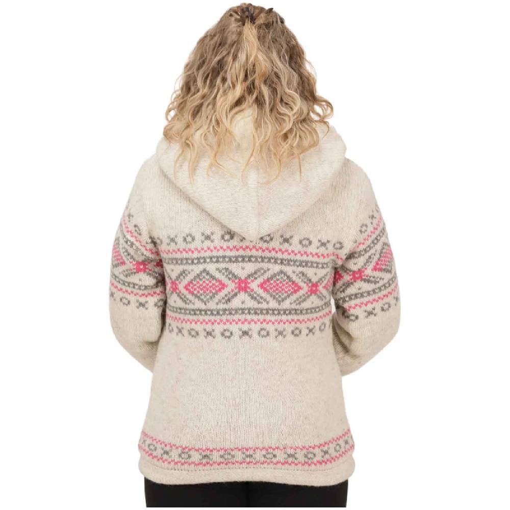 Kunst Und Magie Damen Klassische gefütterte Wolljacke Strickjacke Goa Wolle Jacke Norweger Muster abnehmbarer Kapuze Räumungsverkauf