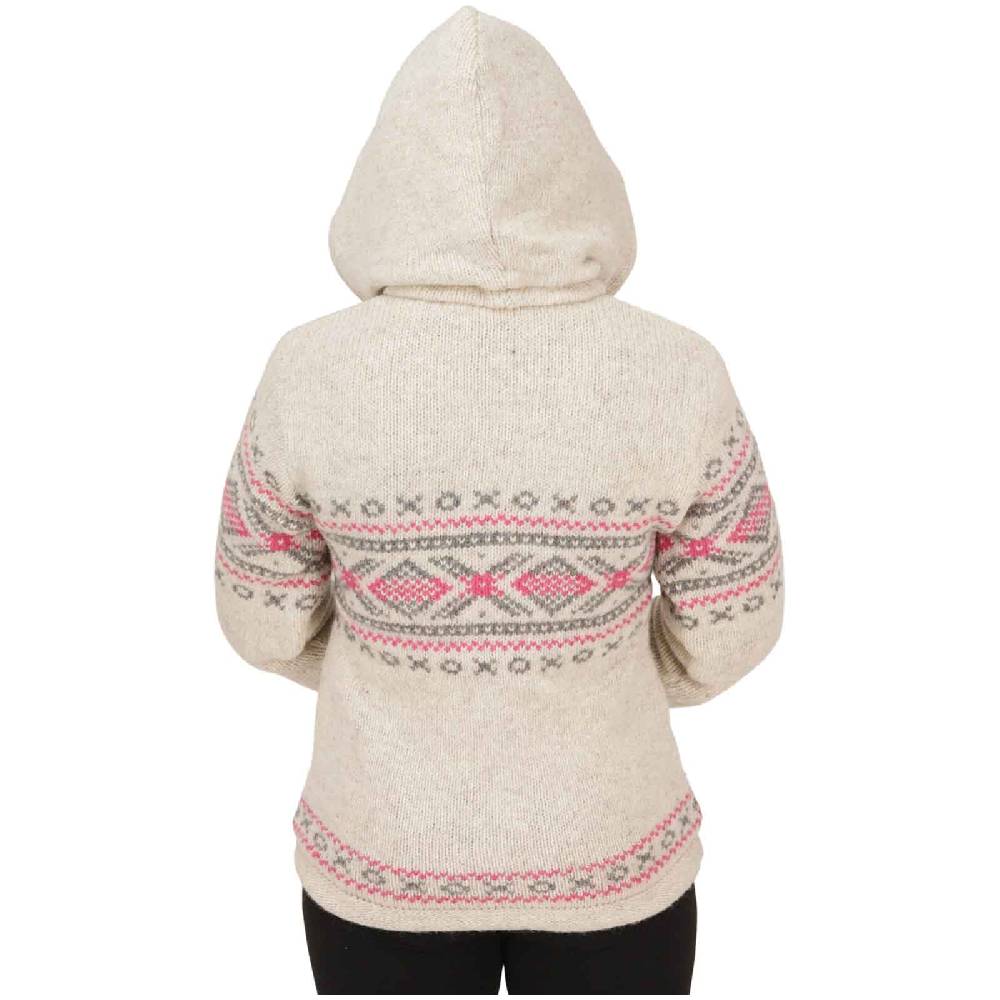 Kunst Und Magie Damen Klassische gefütterte Wolljacke Strickjacke Goa Wolle Jacke Norweger Muster abnehmbarer Kapuze Räumungsverkauf