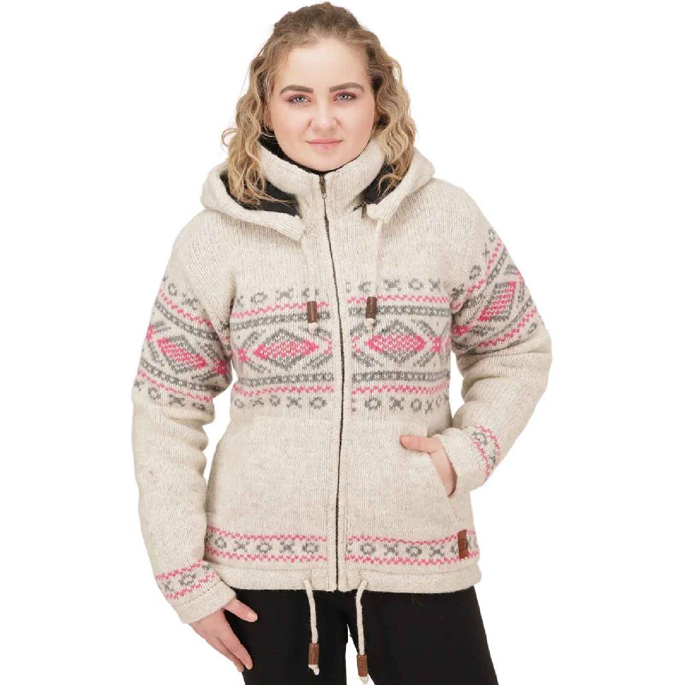 Kunst Und Magie Damen Klassische gefütterte Wolljacke Strickjacke Goa Wolle Jacke Norweger Muster abnehmbarer Kapuze Räumungsverkauf