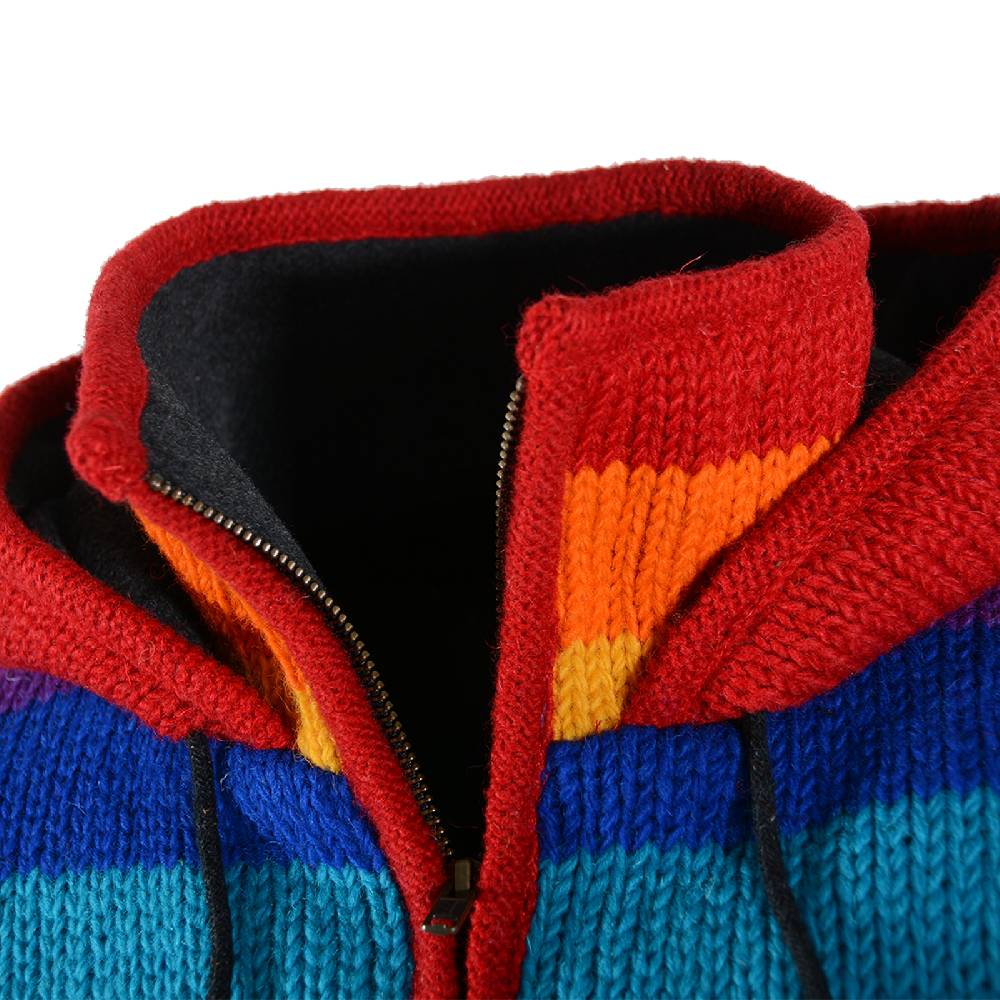 Kunst Und Magie Damen Regenbogen Strickjacke Goa Wolle Jacke mit Fleecefutter und abnehmbarer Kapuze Kauf eins, bekomm eins gratis