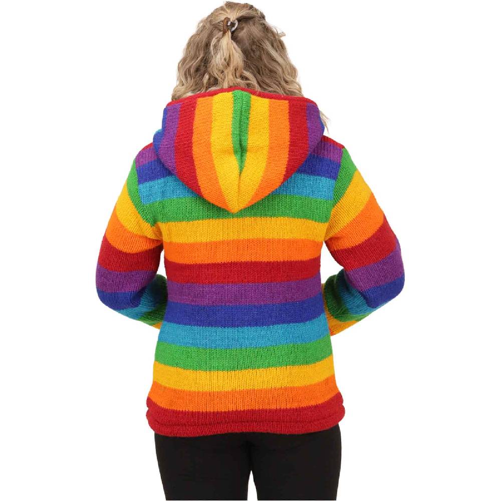 Kunst Und Magie Damen Regenbogen Strickjacke Goa Wolle Jacke mit Fleecefutter und abnehmbarer Kapuze Kauf eins, bekomm eins gratis