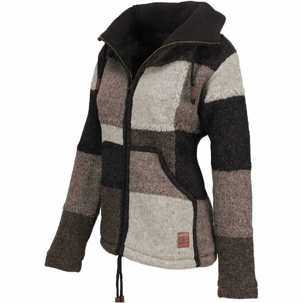 Kunst Und Magie Damen Strickjacke Goa Wolle Bunte Patchwork Jacke mit Fleecefutter und Hochkragen Super Sparpreis