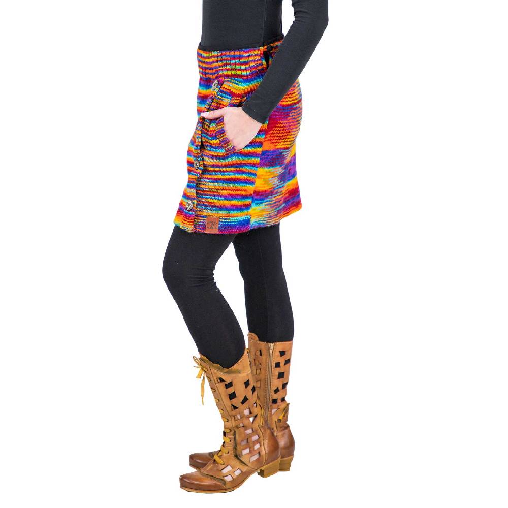 Kunst Und Magie Bunter Strickrock kurzer Rock mit Regenbogen Mustern Wolle gefüttert Hippie Goa Rainbow Bis zu 60% Rabatt