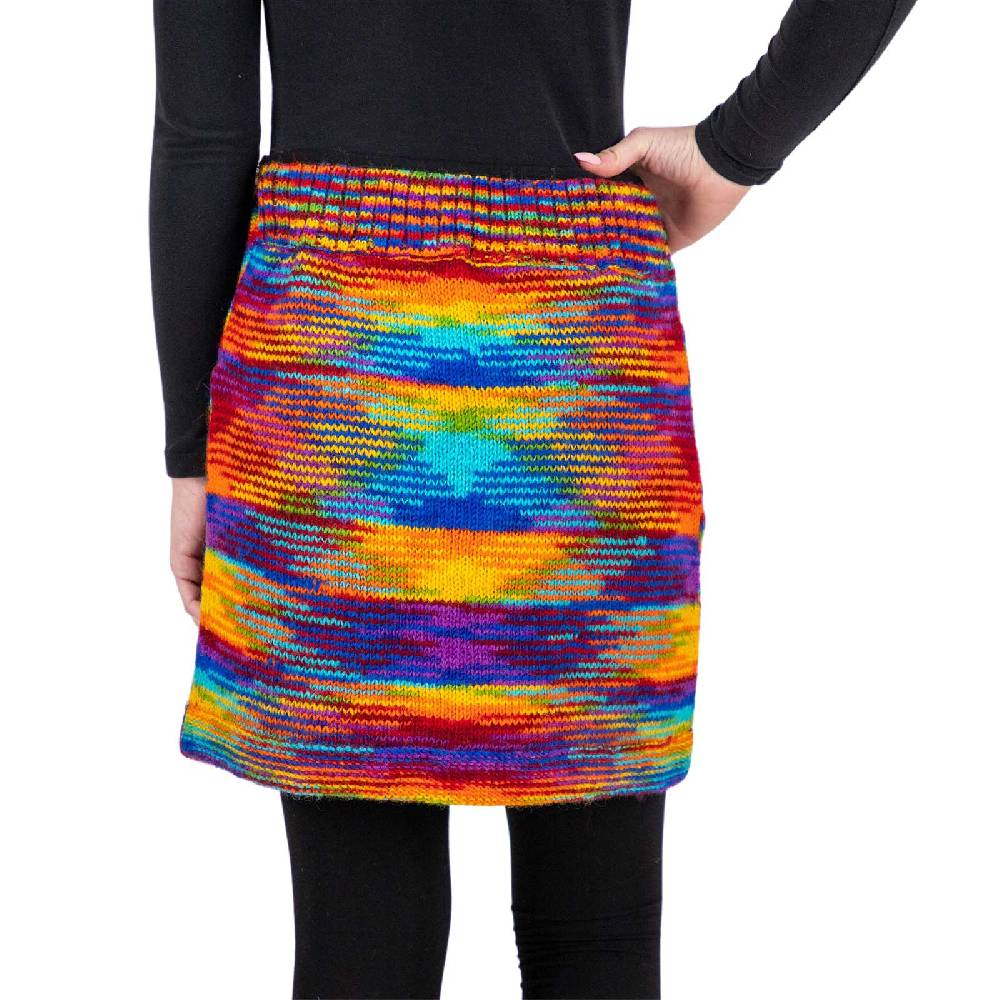 Kunst Und Magie Bunter Strickrock kurzer Rock mit Regenbogen Mustern Wolle gefüttert Hippie Goa Rainbow Bis zu 60% Rabatt