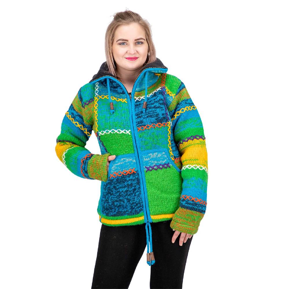 Kunst Und Magie Damen Strickjacke Goa Wolle Bunte Patchwork Jacke mit Fleecefutter und Hochkragen Sonderangebot der Fabrik