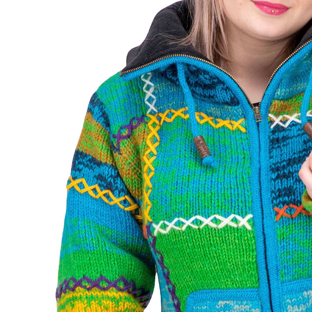 Kunst Und Magie Damen Strickjacke Goa Wolle Bunte Patchwork Jacke mit Fleecefutter und Hochkragen Sonderangebot der Fabrik