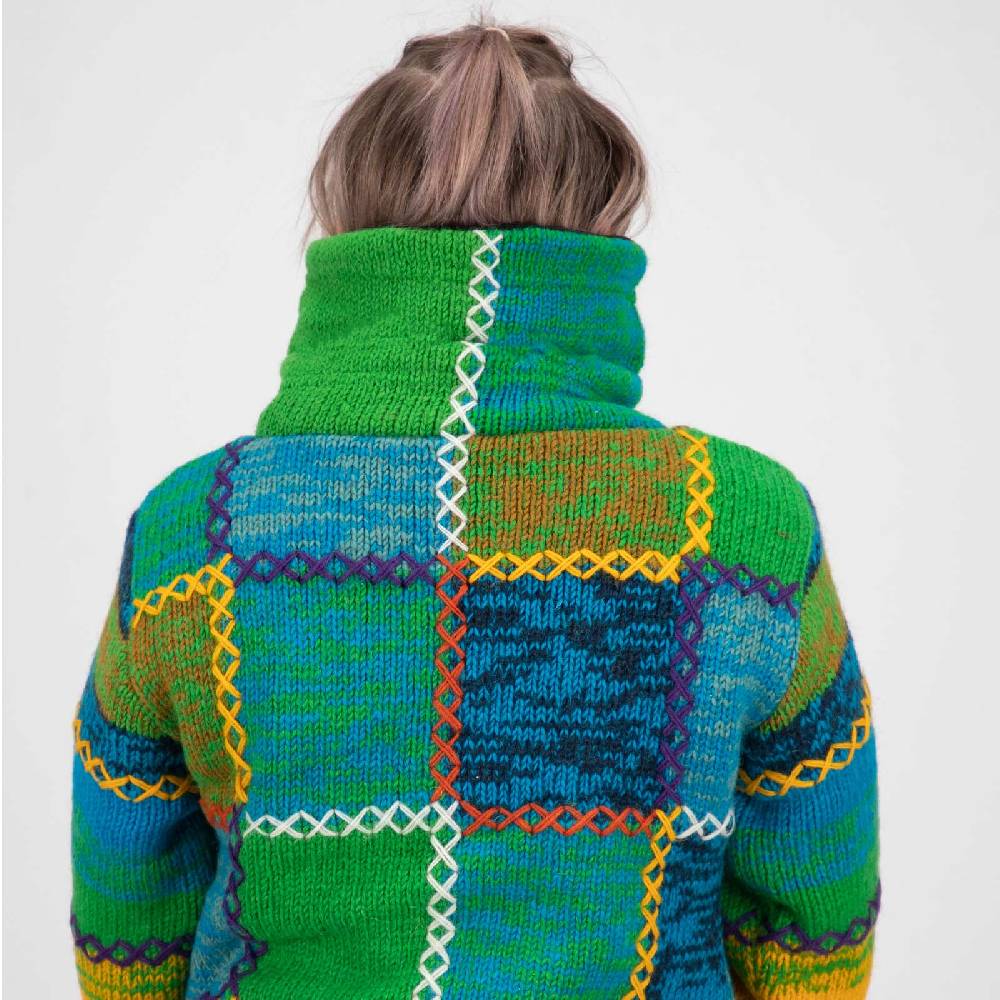 Kunst Und Magie Damen Strickjacke Goa Wolle Bunte Patchwork Jacke mit Fleecefutter und Hochkragen Sonderangebot der Fabrik