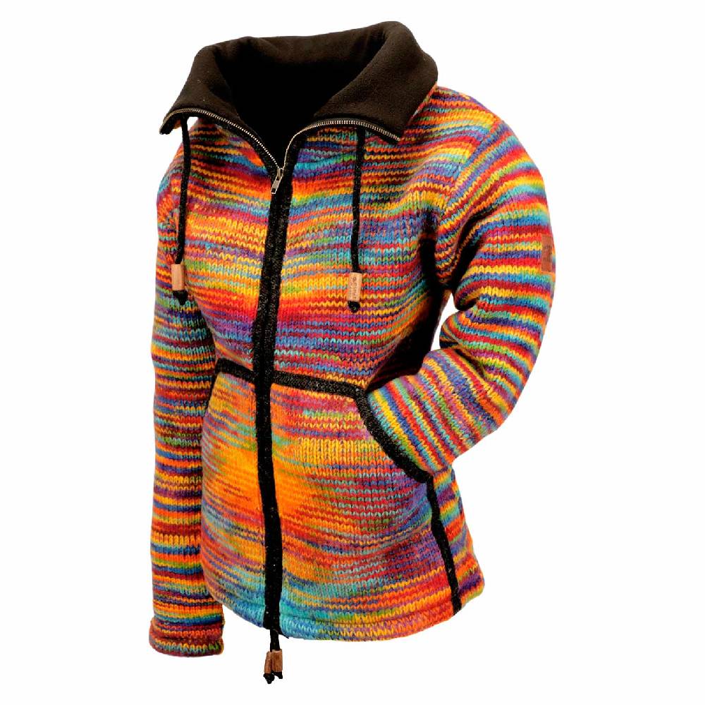 Kunst Und Magie Damen Strickjacke Goa Wolle Bunte Regenbogen Jacke Fleecefutter Hochkragen Goa Boho Fair