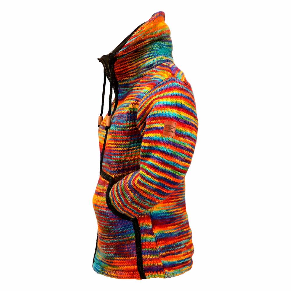 Kunst Und Magie Damen Strickjacke Goa Wolle Bunte Regenbogen Jacke Fleecefutter Hochkragen Goa Boho Fair Riesige Rabatte