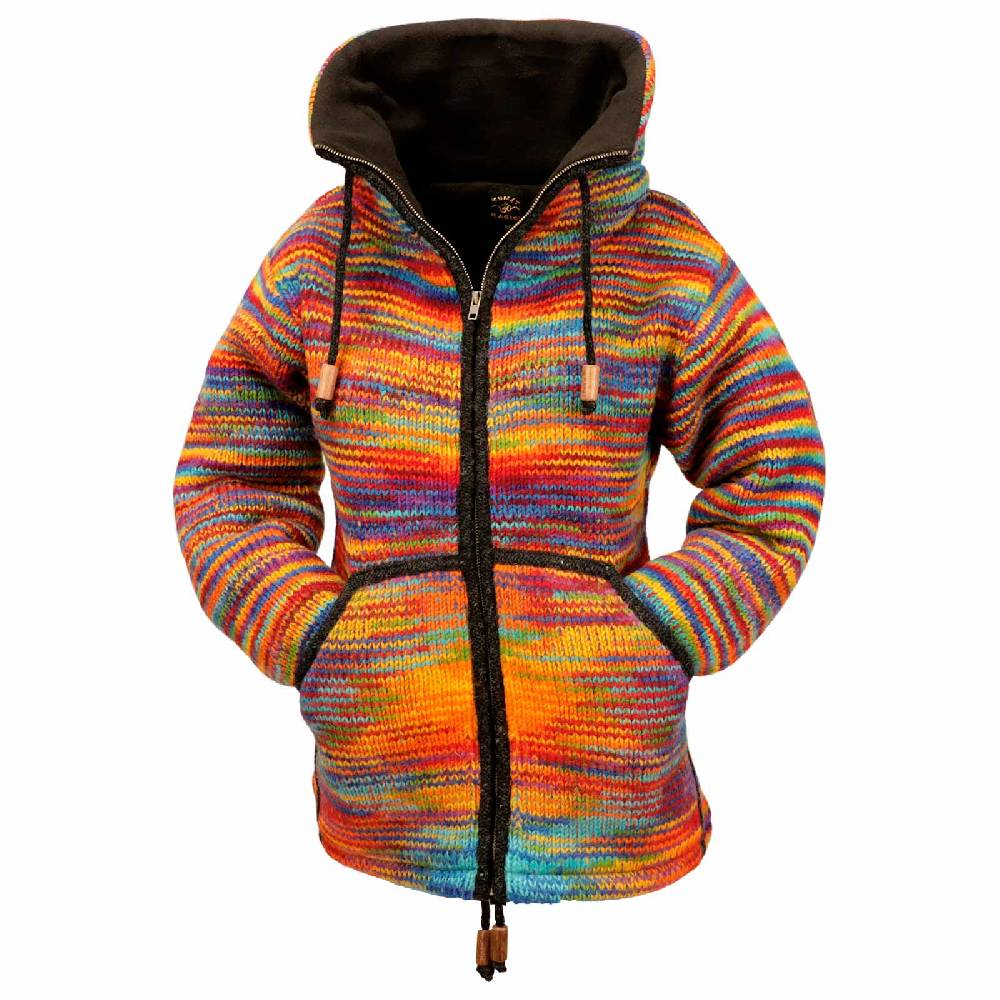 Kunst Und Magie Damen Strickjacke Goa Wolle Bunte Regenbogen Jacke Fleecefutter Hochkragen Goa Boho Fair Riesige Rabatte