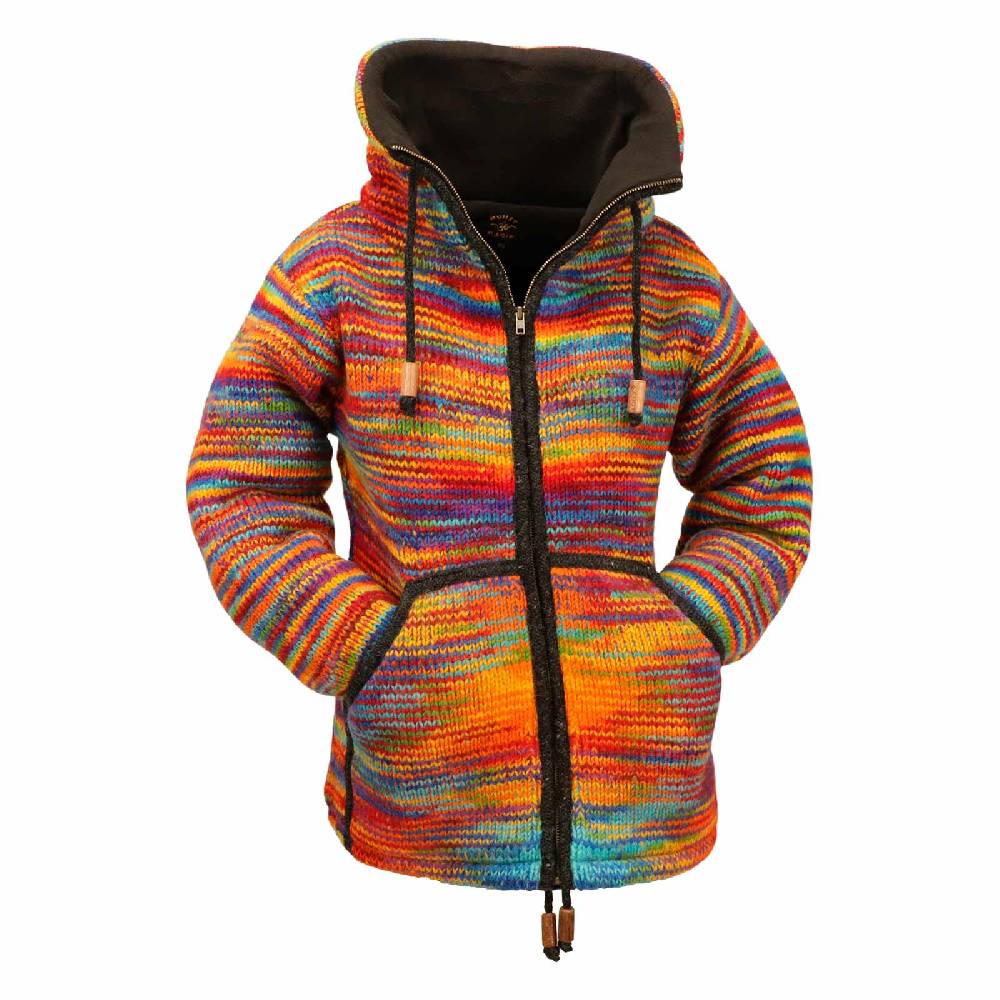 Kunst Und Magie Damen Strickjacke Goa Wolle Bunte Regenbogen Jacke Fleecefutter Hochkragen Goa Boho Fair Riesige Rabatte