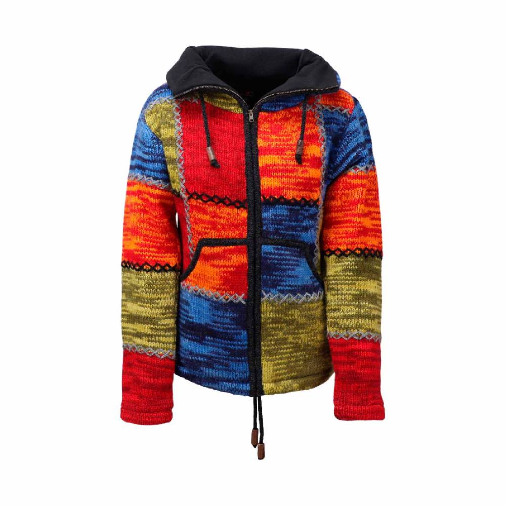 Kunst Und Magie Damen Strickjacke Goa Wolle Bunte Patchwork Jacke mit Fleecefutter und Hochkragen Fair 50% Rabatt mit kostenlosem Versand