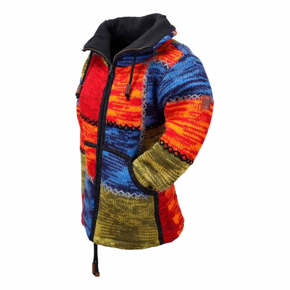 Kunst Und Magie Damen Strickjacke Goa Wolle Bunte Patchwork Jacke mit Fleecefutter und Hochkragen Fair 50% Rabatt mit kostenlosem Versand