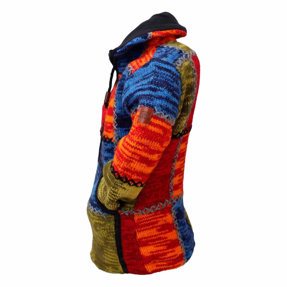 Kunst Und Magie Damen Strickjacke Goa Wolle Bunte Patchwork Jacke mit Fleecefutter und Hochkragen Fair 50% Rabatt mit kostenlosem Versand