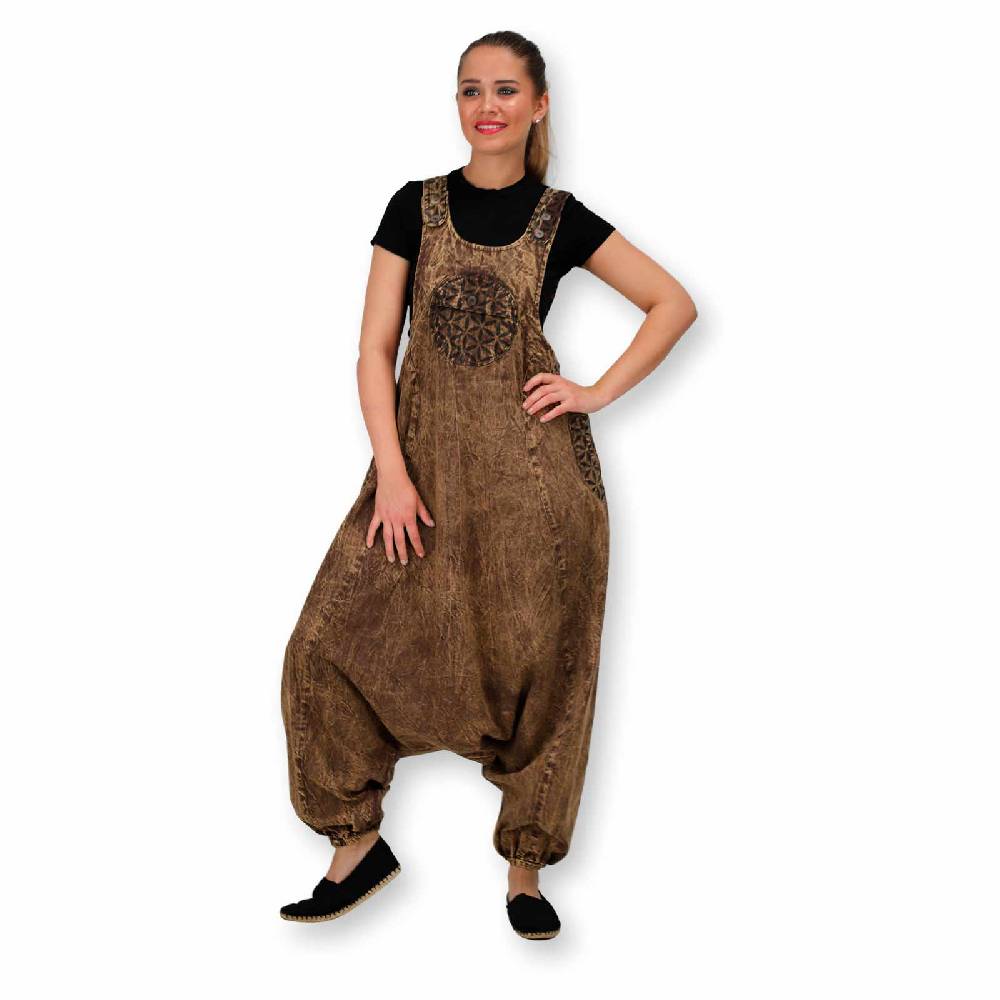 Kunst Und Magie Hippie Latzhose Haremshose Goa Hose Boho 70er Jumpsuit Overall Blume des Lebens Black Friday Preise