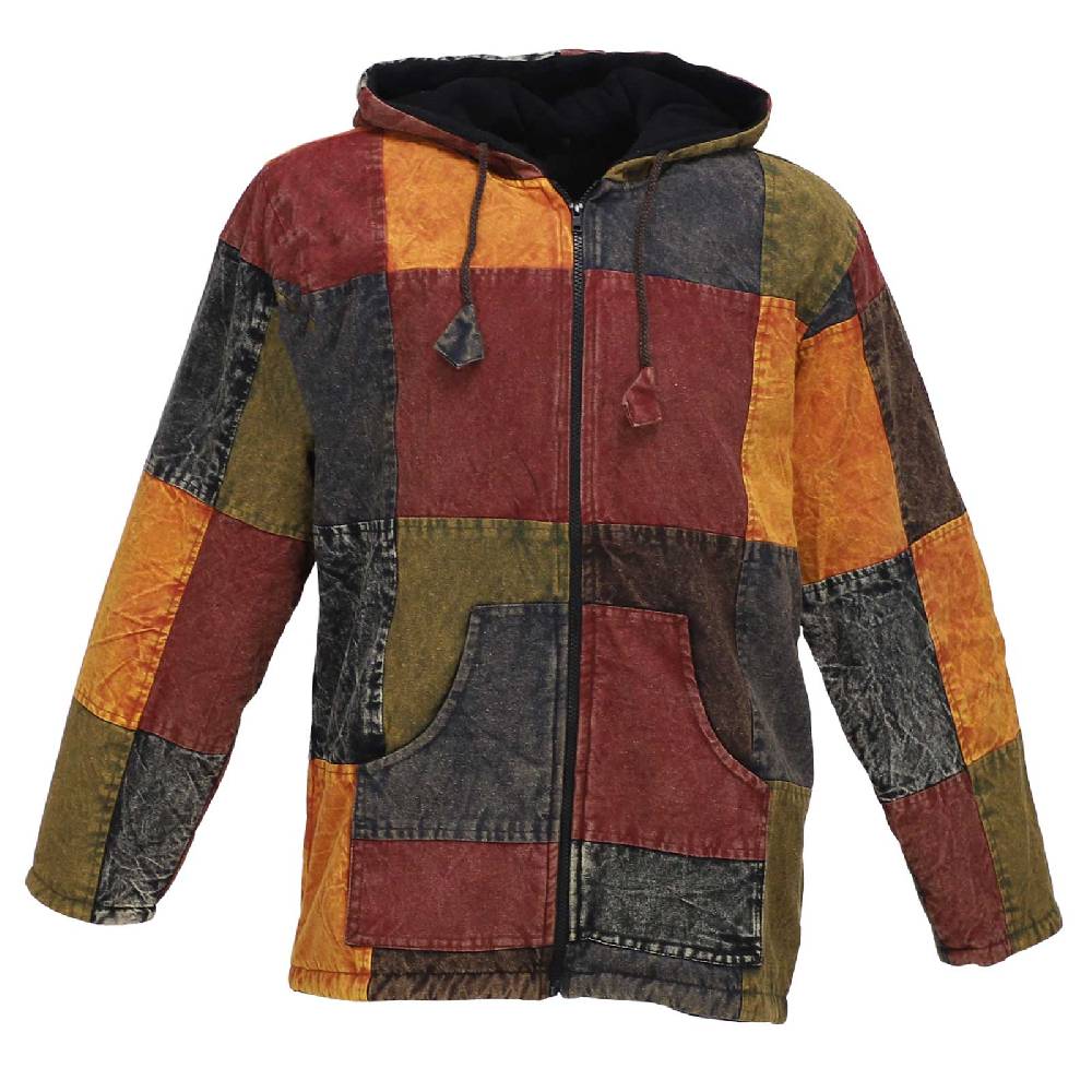 Kunst Und Magie Patchwork Jacke Baja Hoodie Herren alternativ Kapuzenjacke mit Fleecefutter Nachhaltig Fair zollfrei