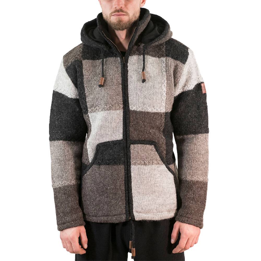 Kunst Und Magie Herren Strickjacke Patchwork Wolle Jacke mit abnehmbarer Kapuze und Fleecefutter Hippie Rabatt