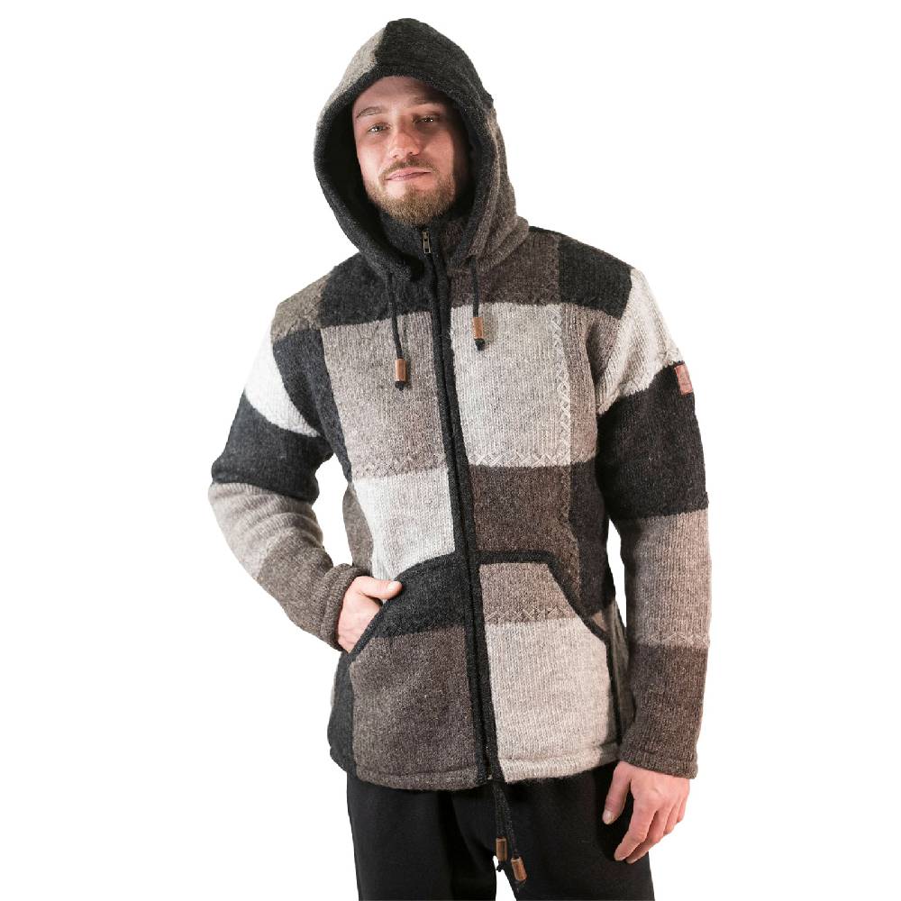 Kunst Und Magie Herren Strickjacke Patchwork Wolle Jacke mit abnehmbarer Kapuze und Fleecefutter Hippie Rabatt