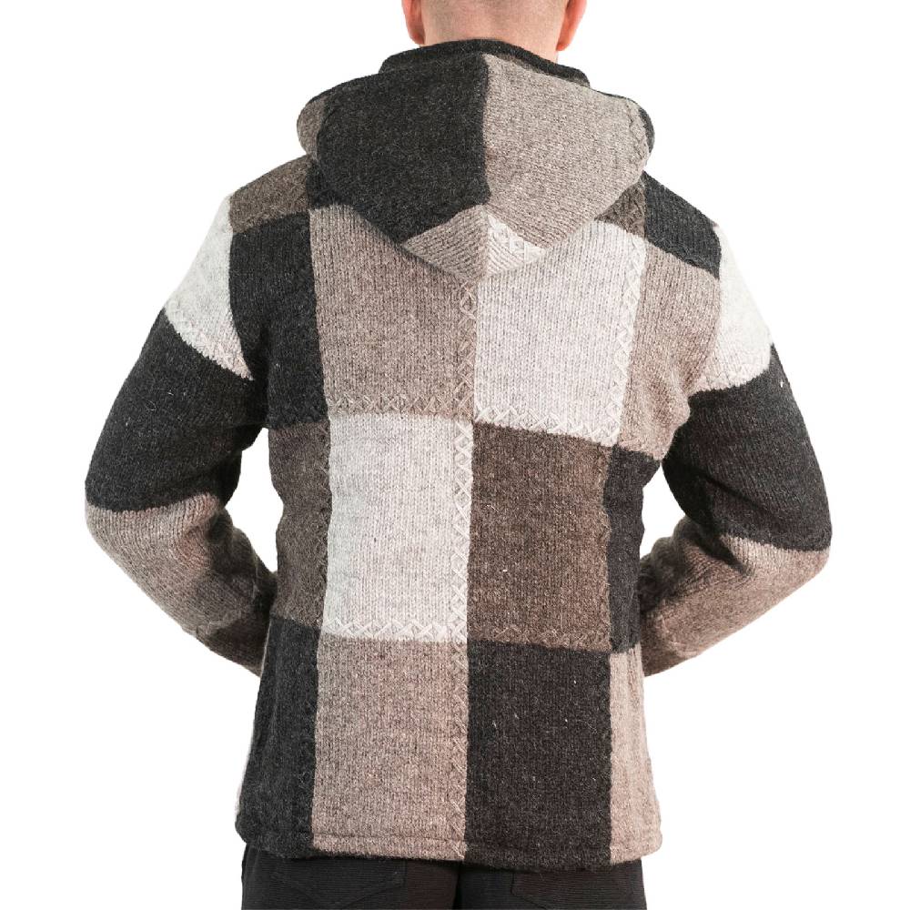 Kunst Und Magie Herren Strickjacke Patchwork Wolle Jacke mit abnehmbarer Kapuze und Fleecefutter Hippie Rabatt