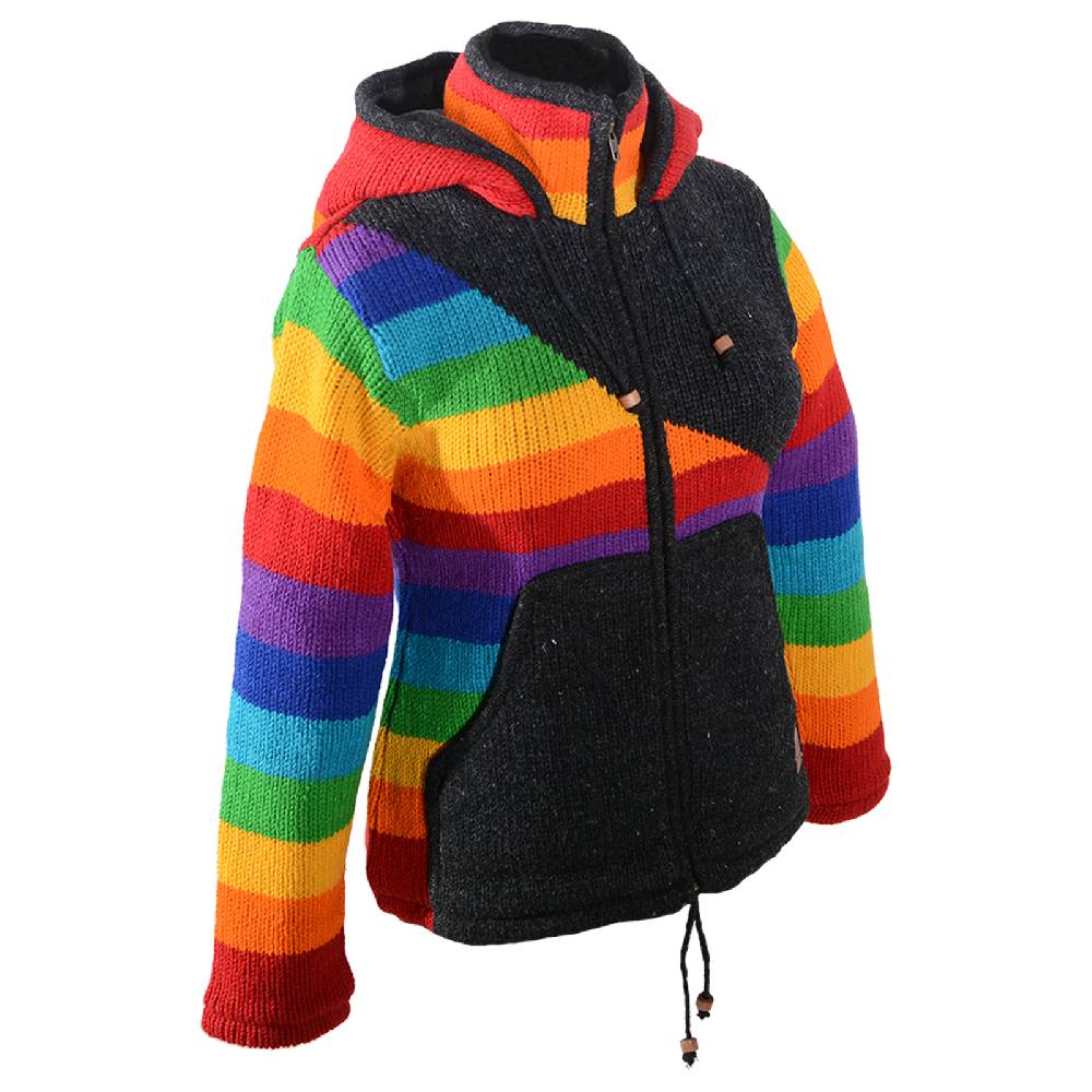Kunst Und Magie Damen Goa Winter Strickjacke Wolle Fleecefutter abnehmbarer Zipfelkapuze Schwarz/Regenbogen Versandkostenfrei