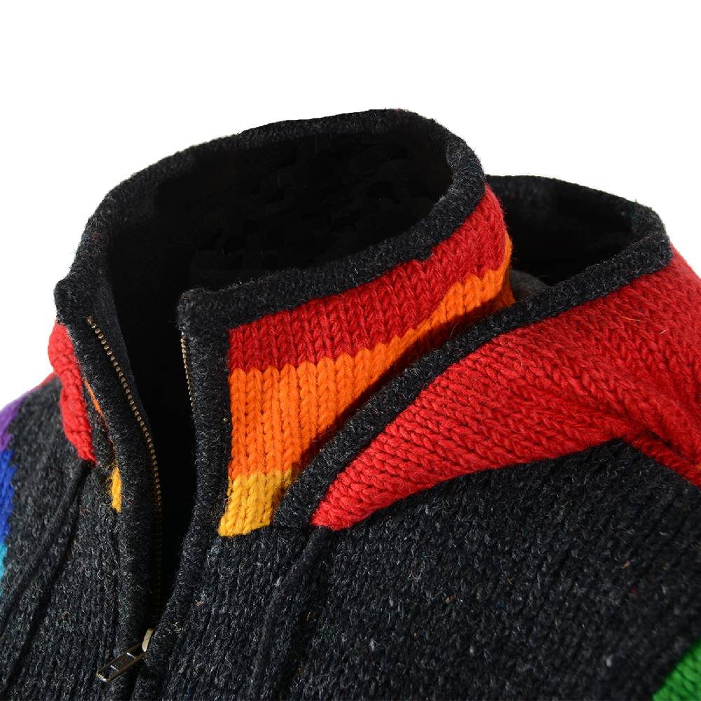 Kunst Und Magie Damen Goa Winter Strickjacke Wolle Fleecefutter abnehmbarer Zipfelkapuze Schwarz/Regenbogen Versandkostenfrei
